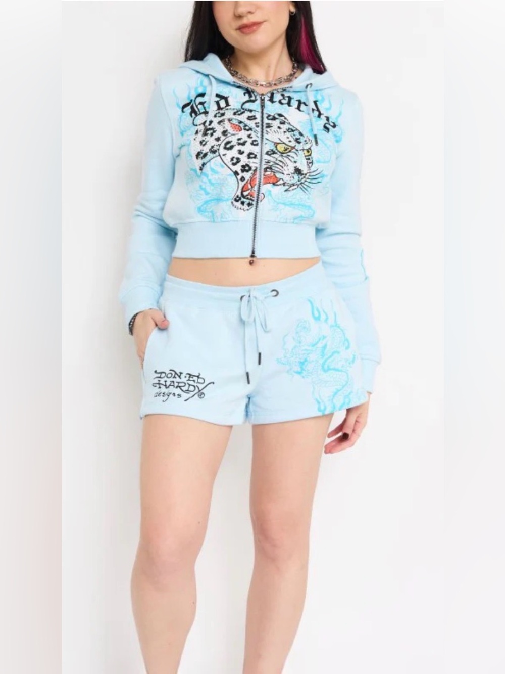 ED HARDY BLUE LEOPARD Y2K RHINESTONE FLEECE SWEAT SHORTS WOMEN’S XS BRAND NEW